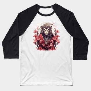 Monkey Samurai General in Red Sakura Baseball T-Shirt